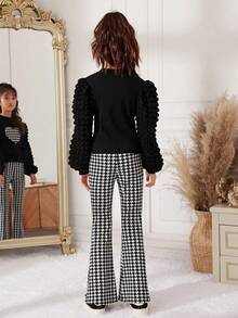 SHEIN Tween Girl Houndstooth Print Lantern Sleeve Top & Flare Leg Pants - Multicolor - View 4