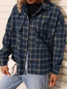 EMERY ROSE Plaid Print Drop Shoulder Flap Pocket Jacket Fall Winter Cloth For Women - Navy Blue - View 6