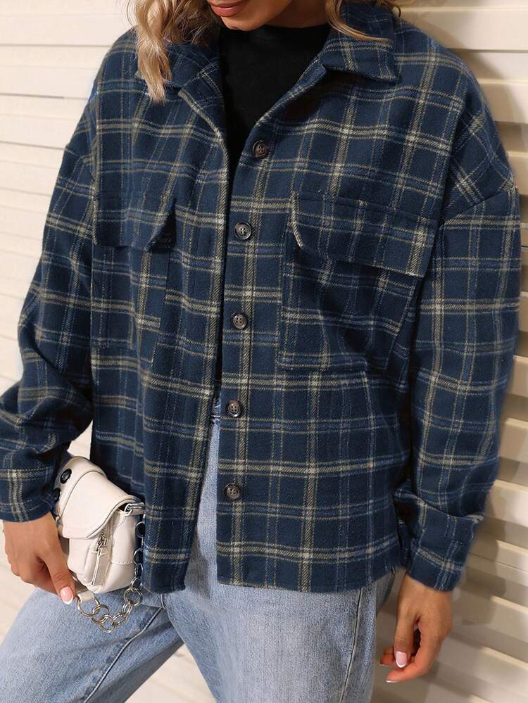 Plaid Print Drop Shoulder Flap Pocket Jacket Fall Winter Cloth For Women