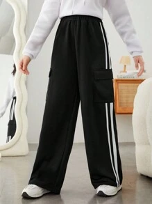 青少年女孩有蓋口袋側條紋有蓋口袋側工裝褲