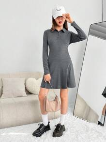 SHEIN Thiếu niên cô gái Chất rắn Placket nửa nút Váy chữ A - Xám - Xem 6