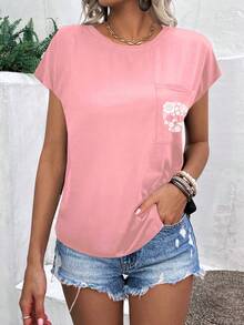 INAWLY 骷髅頭圖案蝙蝠袖口袋貼布T恤 - 粉色 - 查看 5