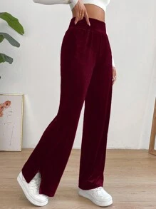 SHEIN Essnce 高腰開衩下擺直筒褲 - 酒紅色 - 查看 1