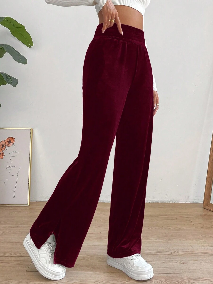 SHEIN Essnce 高腰開衩下擺直筒褲 - 酒紅色 - 查看 1