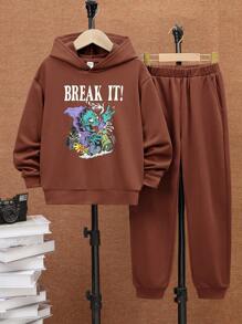SHEIN 男大童字母和卡通圖案連帽衫和運動褲 - 棕色 - 查看 1