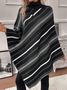 SHEIN LUNE Striped Pattern Turtleneck Batwing Sleeve Knit Poncho - Multicolor - View 6