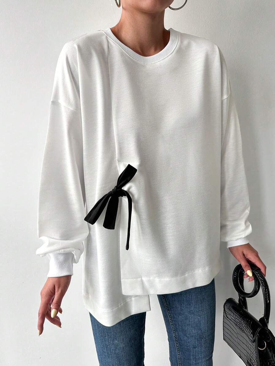 RueChic Drop Shoulder Knot Side Asymmetrical Hem Sweatshirt - Beige - View 1