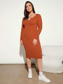 SHEIN BASICS Plus Notched Neckline Bodycon Dress - Rust Brown - View 3