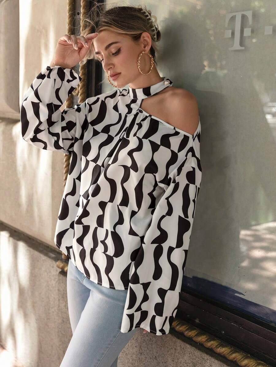 SHEIN Privé Allover Print Asymmetrical Neck Blouse - White - View 1
