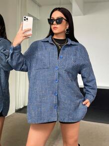 SHEIN Essnce Plus Plaid Print Drop Shoulder Overcoat - Blue - View 5