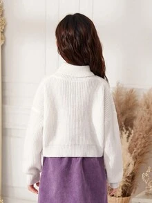 SHEIN Tween Girls Cartoon Pattern Turtleneck Drop Shoulder Sweater - White - View 6