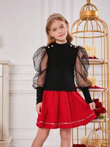 1入組女大童拼接波點網紗羊腿袖紐扣細節T恤適用於聖誕 - 黑色 - 查看 3