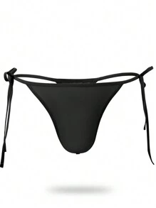 Men's Naughty Plain Black Knitted Fabric Thongs With Knot Details And Medium Stretch - Black - View 1