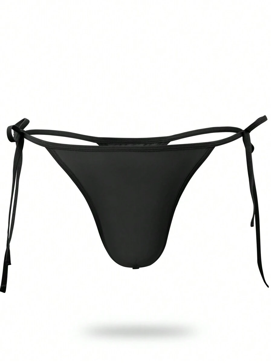 Men's Naughty Plain Black Knitted Fabric Thongs With Knot Details And Medium Stretch - Black - View 1