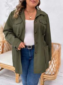 SHEIN LUNE Plus Flap Pocket Elastic Waist Coat - Army Green - View 3