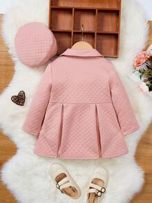 SHEIN Baby Girl Double Breasted Fold Pleated Coat & Hat - Pink - View 2