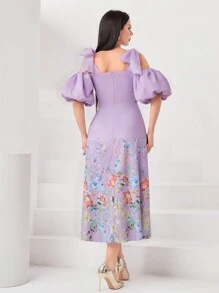 Modelyn 碎花露肩泡泡袖洋裝（無腰帶） - 淡紫色 - 查看 2