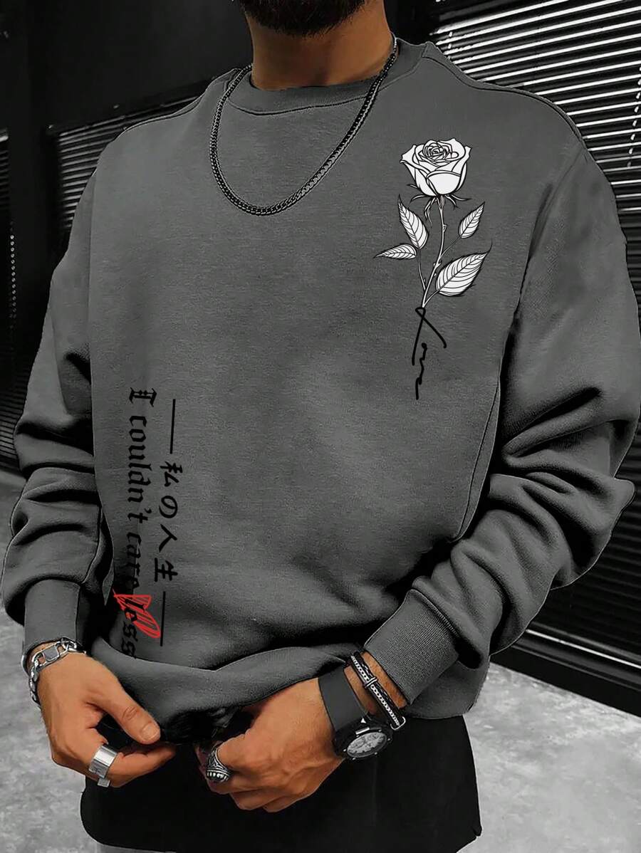 Manfinity Homme Felpa casual da uomo con grafica floreale e lettera, spalle cadenti, manica lunga, adatta per l'autunno, colore grigio, felpa con maniche lunghe - Grigio - Visualizzare 1