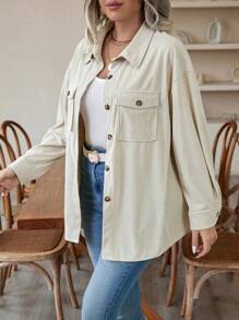 SHEIN Essnce Plus Flap Pocket Drop Shoulder Corduroy Jacket - Beige - View 6