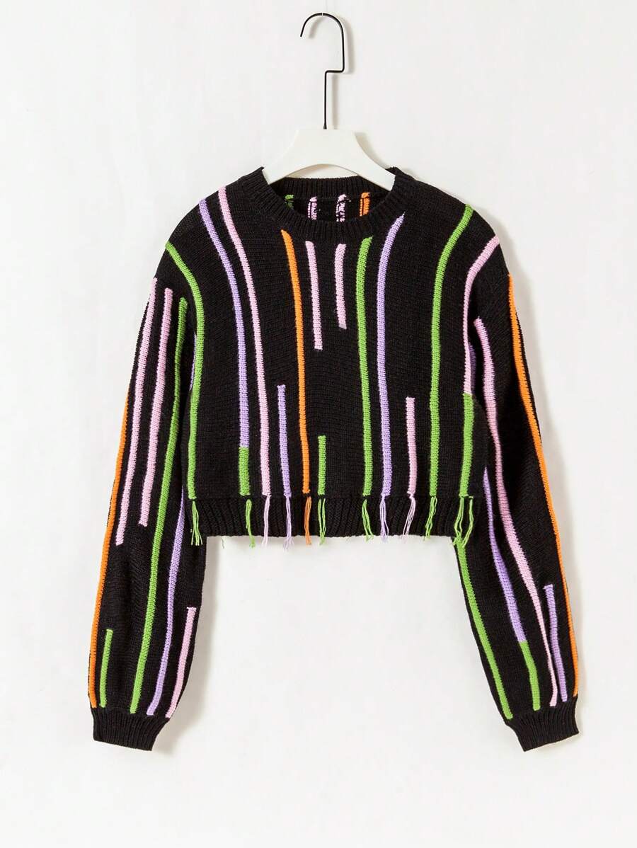Teen Girl Striped Pattern Drop Shoulder Sweater - Multicolor - View 1