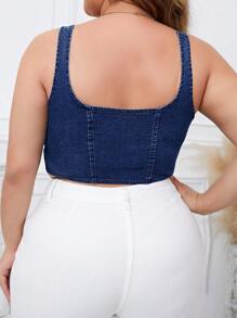 SHEIN Essnce Plus Zip Up Bandana Hem Crop Denim Top - Medium Wash - View 2