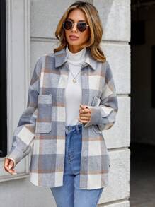 SHEIN LUNE Áo khoác trễ vai in họa tiết kẻ sọc - Nhiều màu - Xem 5