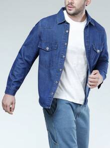 Manfinity Homme Men Plus Flap Pocket Denim Shirt - Medium Wash - View 3