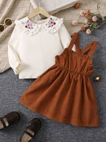 SHEIN 女小童花卉刺繡誇大領口喇叭袖襯衫和褶邊洋裝 - 棕色 - 查看 3