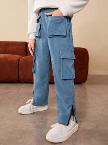 SHEIN Tween Boy Flap Pocket Zip Hem Cargo Pants - Baby Blue - View 4