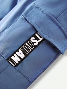 SHEIN Baby Boy Letter Tape Flap Pocket Side Thermal Lined Pants - Dusty Blue - View 7