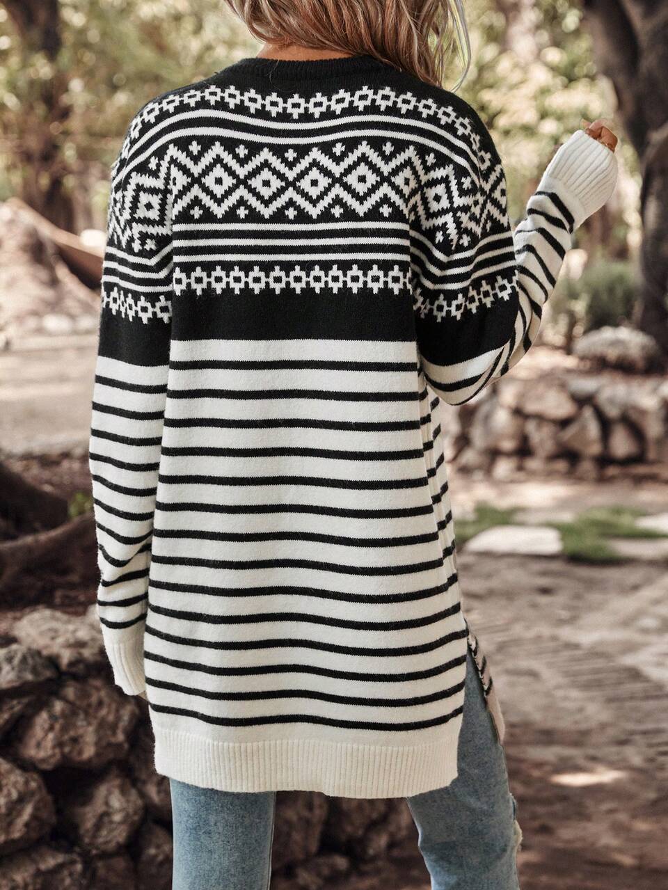 Geo Pattern Drop Shoulder Sweater Dress