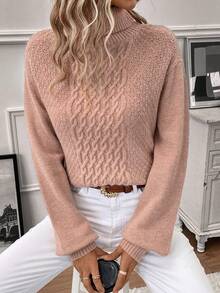 SHEIN Clasi 高領麻花編織落肩袖套頭毛衣 - 藕粉色 - 查看 4