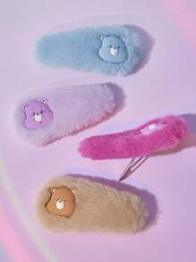SHEIN X Care Bears 4pcs/Pack 3D Bear Plush Hair Clips, Cute Gifts ,Plush Hair Barrettes