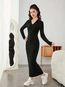 Teen Girl Knitted Solid Color Ribbed V-Neck Collar Long Dress - Black - View 5