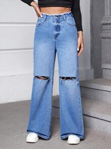 SHEIN Essnce Rách Xén Thô quần ống rộng Quần jean - Rửa nhẹ - Xem 3
