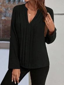 SHEIN Clasi 缺口領捲邊袖按折痕細節襯衫 - 黑色 - 查看 4