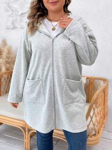 SHEIN LUNE 大碼雙口袋落肩袖連帽外套 - 淺灰色 - 查看 5