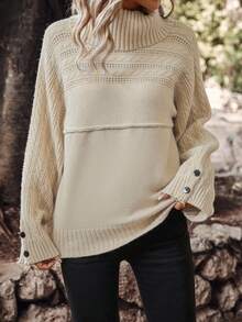 SHEIN LUNE Turtleneck Drop Shoulder Pointelle Button Detail Knit Sweater - Apricot - View 5