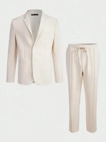 Manfinity VCAY Men Solid Blazer & Tie Waist Pants - Beige - View 14