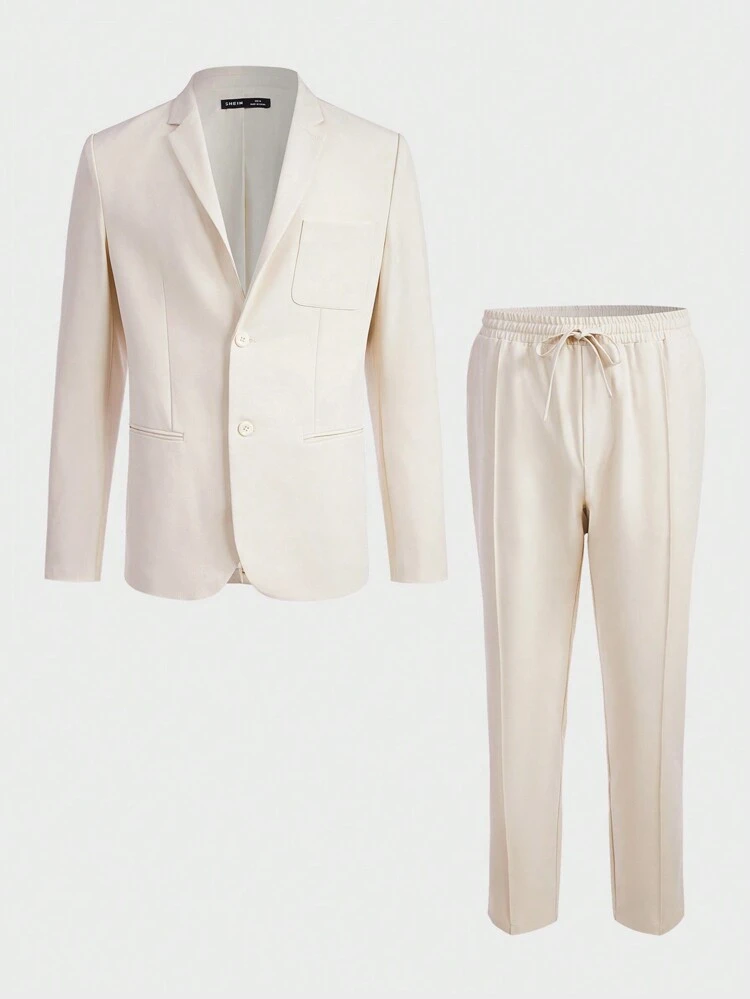Men Solid Blazer & Tie Waist Pants