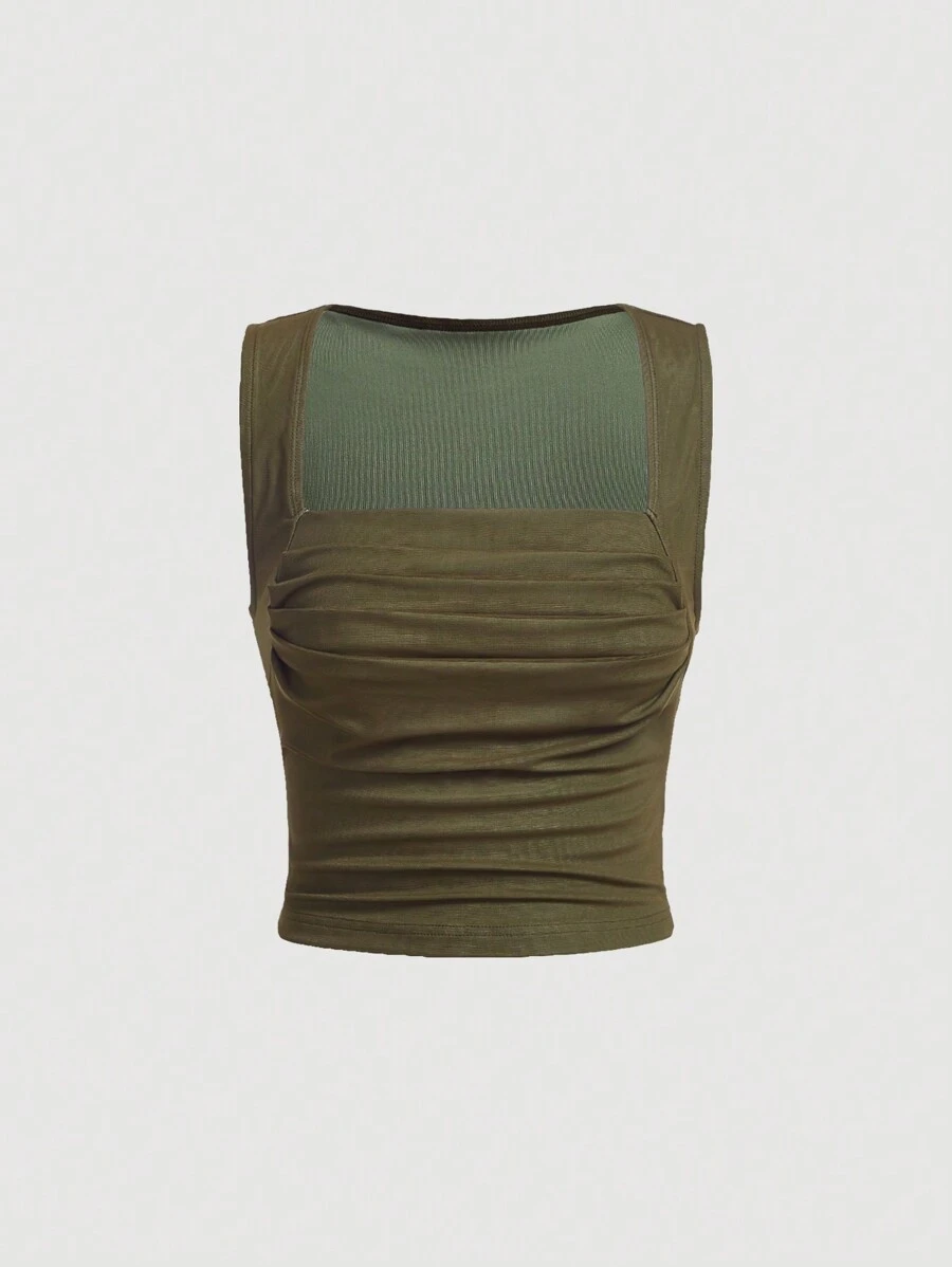 SHEIN MOD Майка без рукавів з квадратним вирізом та рюшами - Армійський зелений - Переглянути 1