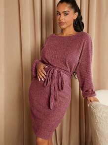 SHEIN Maternity Drop Shoulder Belted Bodycon Dress - Dusty Pink - View 1