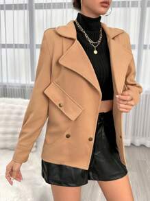 SHEIN Essnce Lapel Neck Double Breasted Flap Pocket Overcoat - Camel - View 5