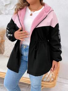 SHEIN LUNE Plus Letter Graphic Drawstring Waist Teddy Lined Hooded Jacket, For Winter Fall Autumn - Multicolor - View 4