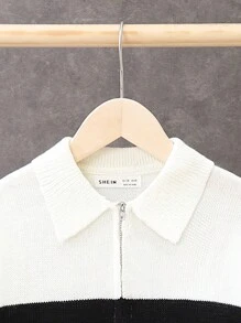 SHEIN 男大童條紋圖案落肩袖拉鍊開襟衫 - 黑與白 - 查看 4