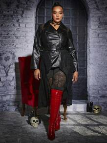 SHEIN SXY Plus Lapel Neck Belted PU Leather Trench Coat - Black - View 1