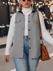 SHEIN LUNE Abrigo tipo chaleco con capucha y estampado de cuadros vichy - Blanco y Negro - Ver 3