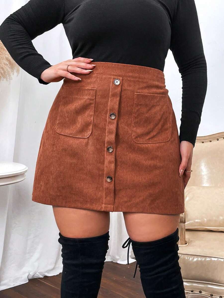 SHEIN CURVE+ Plus Button Front Dual Pocket Corduroy Skirt