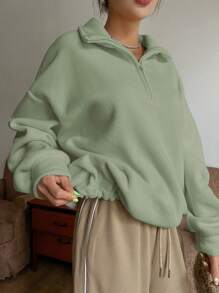 DAZY Letter Patched Half Zip Drop Shoulder Sweatshirt,Fall Women Clothes - Mint Green - View 8