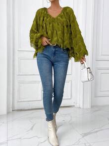 SHEIN Privé 素色流蘇邊燈籠袖襯衫 - 綠色 - 查看 4